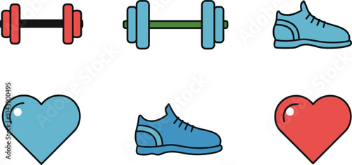 Fitness icons including dumbbells, shoes, and hearts for workout and health concepts