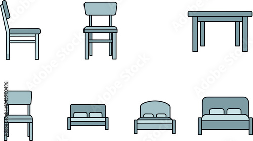 Furniture icons including chairs, beds, and tables in a simple line style illustration