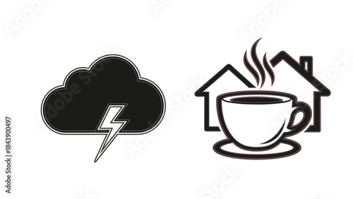Icons of a dark stormy cloud with lightning and a steaming cup of coffee in front of a house weather