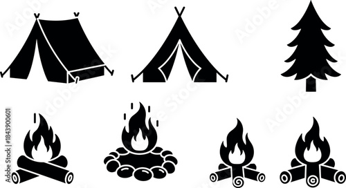 Camping icons, tent, campfire, tree, outdoor adventure, nature, travel