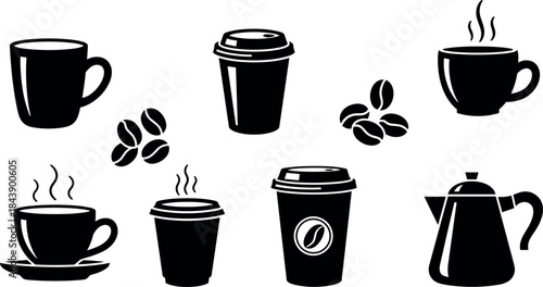 Black and white coffee icons set with cups, beans, and kettle on white background