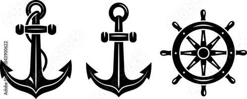 Nautical Symbols: Anchor and Ship Steering Wheel Icons
