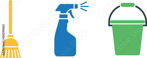 Cleaning Supplies Icons Set Broom Spray Bottle Bucket