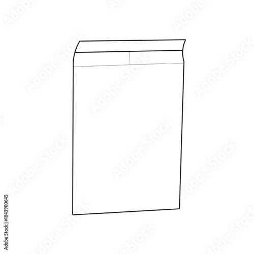 A simple black line drawing of a standing pouch or mailer bag with a resealable top. Ideal for packaging, shipping, product branding, and logistics concepts.