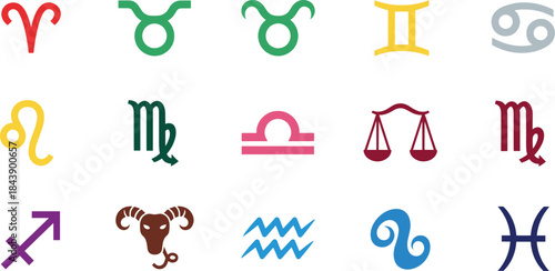 Zodiac signs symbols in colorful illustrations on white background
