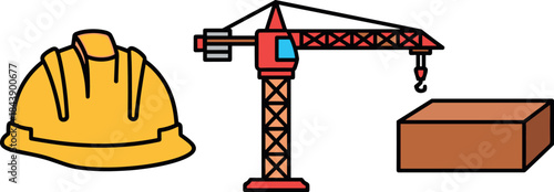 Construction site equipment and safety gear, crane, hard hat, and cargo block