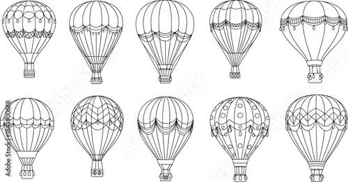 Ten unique hot air balloons in various designs and patterns line art illustrations