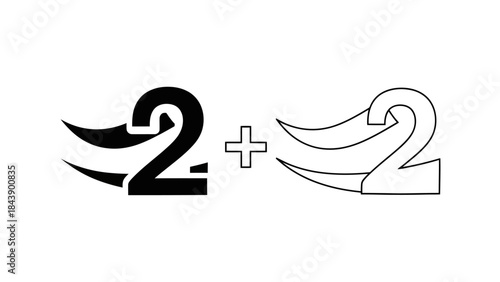 Two Plus Two Math Symbol and Outline on White Background sign