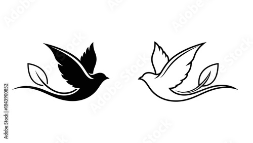 Two stylized birds in flight, one black and one white, with leaf tails flying freedom