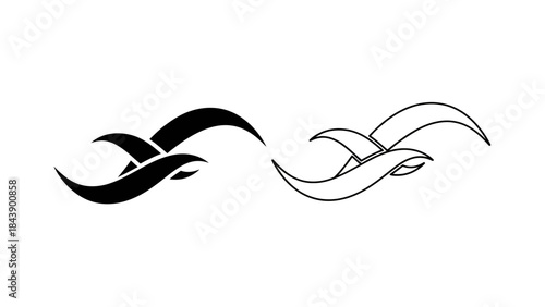 Two Stylized Birds in Flight, One Black Silhouette, One Outline flying wings