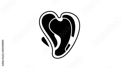 Abstract black and white heart shape with internal swirling lines and a small detached shape Keywords: heart, love, abstract