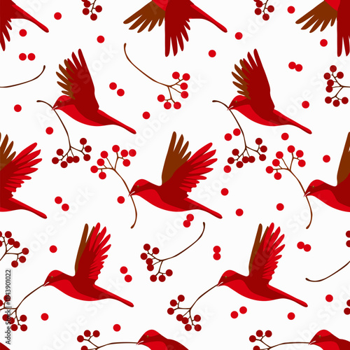 Red winter birds. Seamless background for fabrics, textiles, packaging and wallpaper. Vector pattern.	