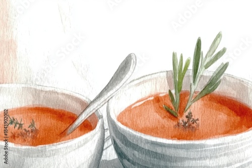 Minimalistic watercolor illustration of tomato soup with herbs in bowls for culinary art