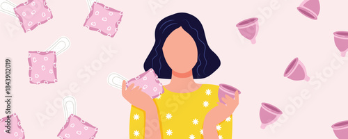 Women’s health illustration banner about menstruation, woman comparing sanitary pad and menstrual cup on pink background, period care choice concept