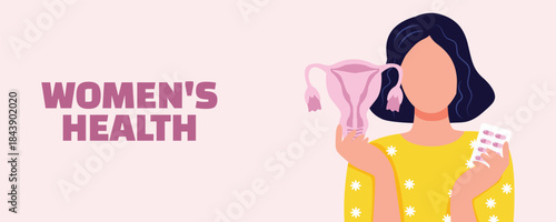 Women’s health illustration banner about menstruation, woman holding uterus and pain relief pills on pink background, period care and gynecology concept