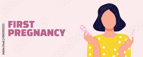 Women’s health illustration banner about first pregnancy, woman holding pregnancy tests on pink background, motherhood and prenatal care concept