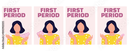 Set of women’s health illustration banners about menstruation with sanitary pads, tampons and menstrual cups, period care and gynecology concepts