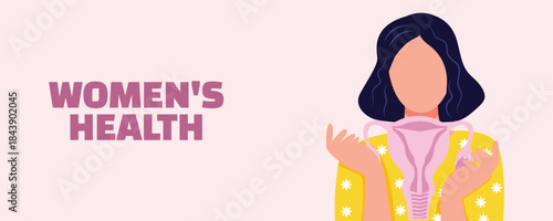 Women’s health illustration banner about menstruation, woman holding uterus on pink background, menstrual cycle and gynecology awareness concept