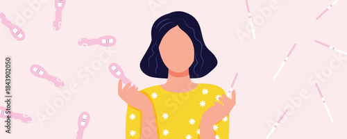Women’s health illustration banner about pregnancy, woman holding pregnancy tests on pink background, motherhood and reproductive health concept