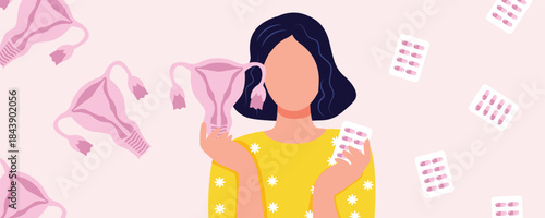 Women’s health illustration banner about menstruation, woman holding uterus and pain relief pills on pink background, period care and gynecology concept