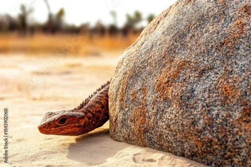 Desert lizard peeking from behind rock in natural habitat
