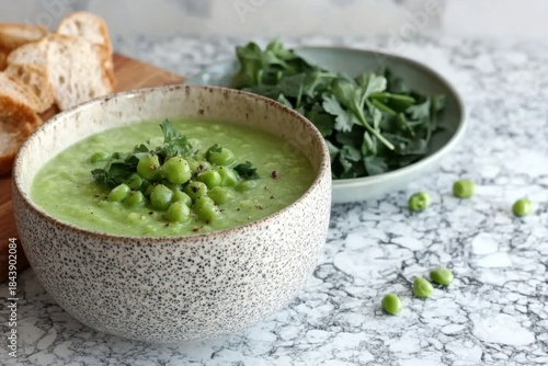 Minimalistic green healthy soup with fresh peas and herbs
