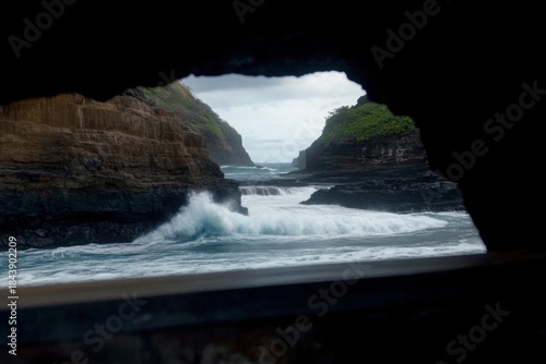 Dramatic ocean waves crashing against rocky cliffs through cave view