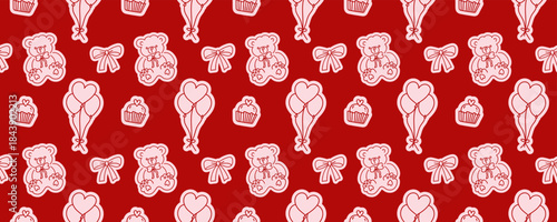 Valentine seamless pattern with teddy bear, heart balloons, bow, and cupcake icons in cute outline style on red background