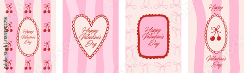 Valentine greeting card templates with heart frame, oval frame, cherry, bow elements in cute hand drawn style in pink and red colors