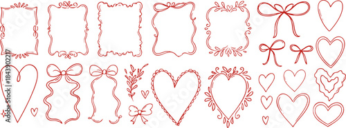 Valentine hand drawn frames hearts bows set with romantic decorative elements in red outline style isolated on transparent background