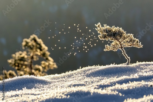 Frost-covered pine tree in tranquil winter landscape at sunrise