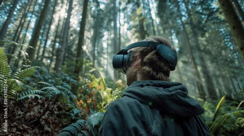 Wallpaper Mural Woman wearing vr headset exploring lush green forest with sun rays Torontodigital.ca