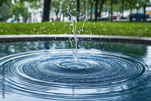 Minimalistic scene of large raindrops creating ripples in a calm urban pond
