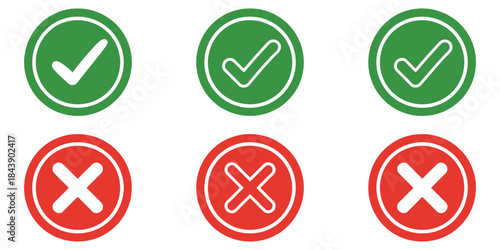 Green checkmark and red cross icon set vector illustration, including tick and x marks, isolated on white background, for UI design, websites, applications,