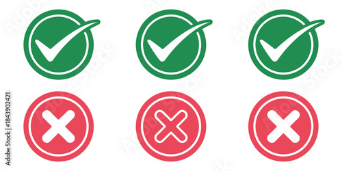 Set of green tick marks and red cross marks vector icons with stroke, isolated on white background, check and cross symbol set for apps, websites