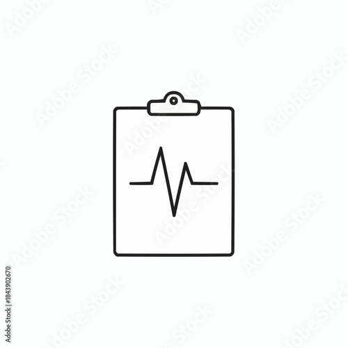 Simple line drawing of a clipboard with a heartbeat ekg line on white background