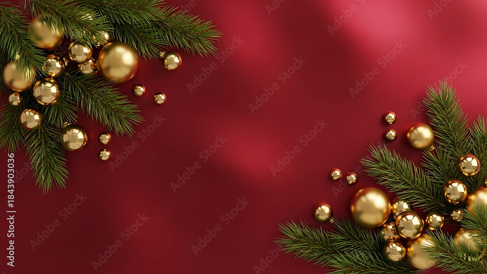 Fototapeta premium Christmas decorations with golden baubles and pine branches on red background, festive holiday setting, close-up view, concept of celebration
