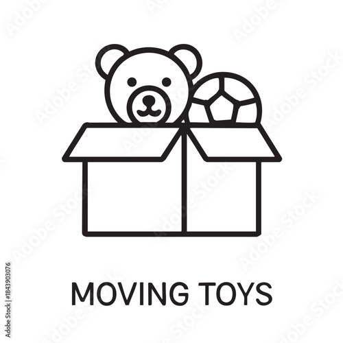A simple line drawing depicts a cardboard box containing a teddy bear and a soccer ball suggesting relocation