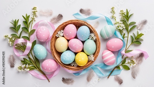 Colorful Easter eggs arranged in a woven basket surrounded by decorative ribbons, flowers, and greenery, creating a festive spring atmosphere with vibrant pastel hues