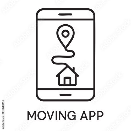 A black and white illustration of a smartphone displaying a map with a route from house to location
