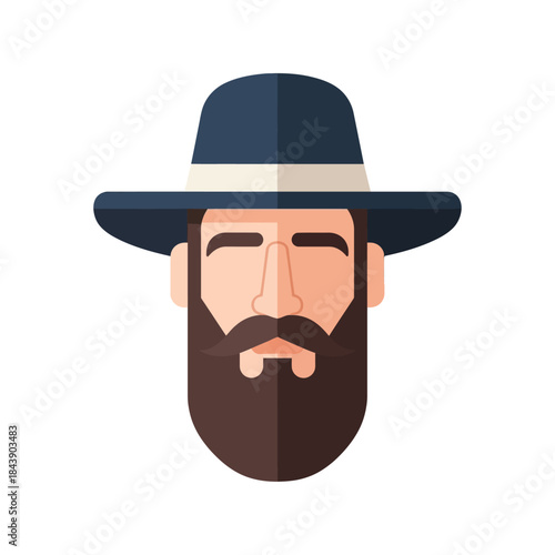 Stylized facial depiction of a bearded person wearing a hat in a flat design