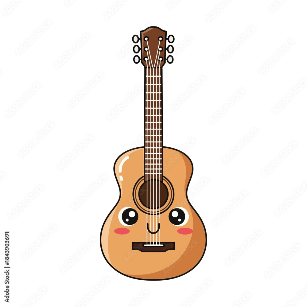 Fototapeta premium Cute cartoon acoustic guitar character with big eyes bringing musical joy and positivity