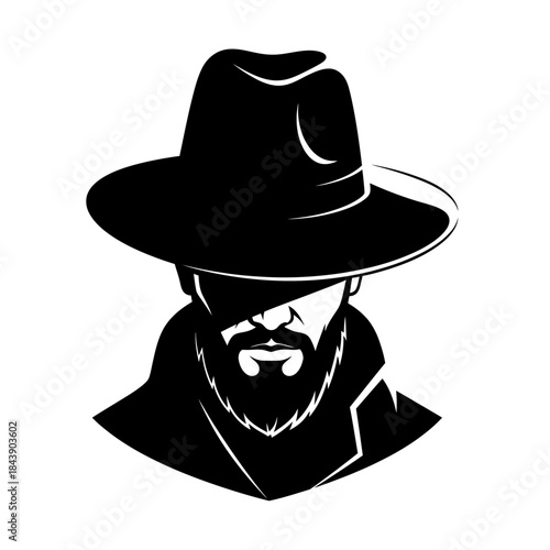 Mysterious silhouette portrait of a man with a hat and beard concealing his eyes artistic depiction