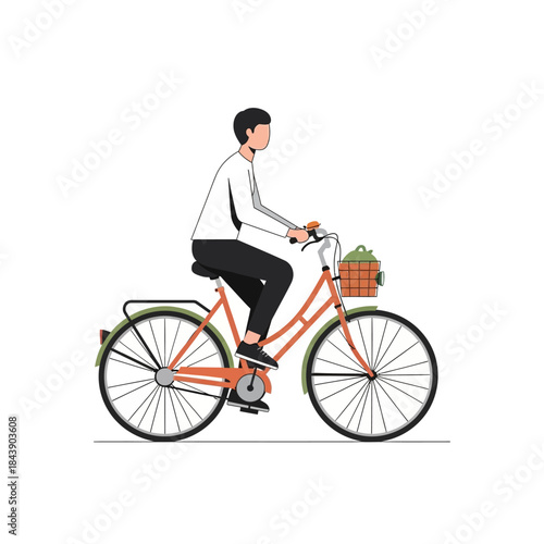 A minimalist illustration of a young man riding a vintage bicycle in a simple background