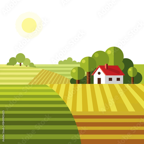 Serene countryside scenery showcasing rolling fields and a quaint house idyllic farm illustration