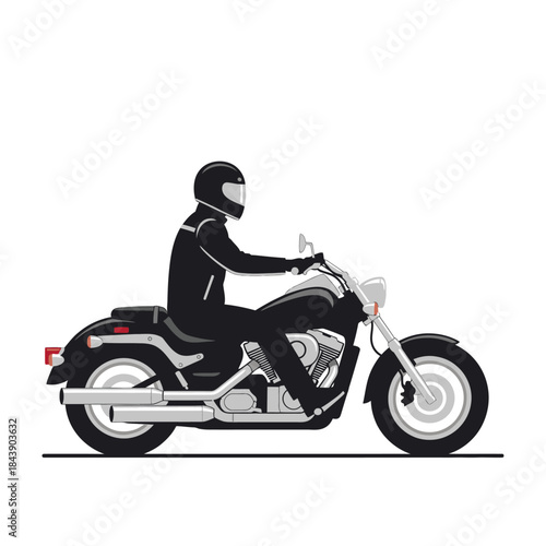 Silhouette of a motorcyclist riding a custom motorcycle with a rider on a white background