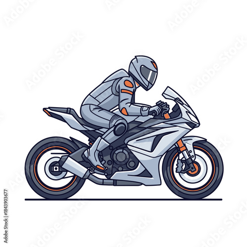 Stylized illustration of a motorcyclist in full gear on a sportbike in motion