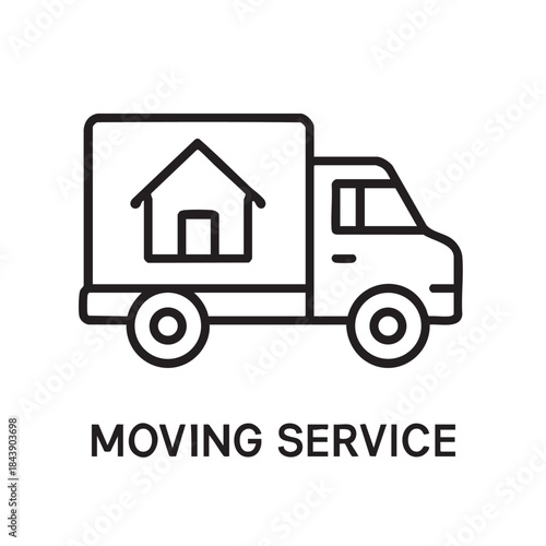 Simple line art illustration depicting a moving truck with a house design on its side and text