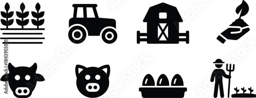 isolated, illustration, vector, chickens., black, harvest, with, eight, wheat, white, design, symbol, silhouette, cow, agriculture, rural, countryside, farm, pitchfork, tractor, crops, pig's, barn, pi
