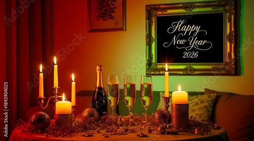 Classic Happy New Year 2026 Celebration Scene With Champagne Candles And Ornaments